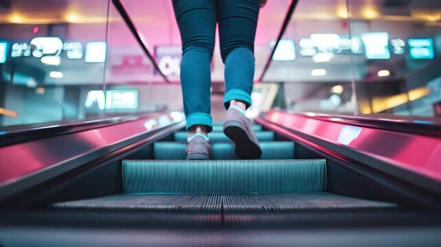 A close-up, low-angle shot of a person walking up an escalator in a brightly lit shopping mall or airport, with neon reflections
