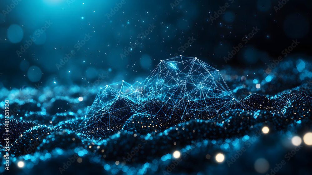 Poster Futuristic digital landscape with glowing blue networks and particle fields. Perfect for tech and science visuals. High-tech interface with a cool, modern feel. Abstract wireframe in dark blue