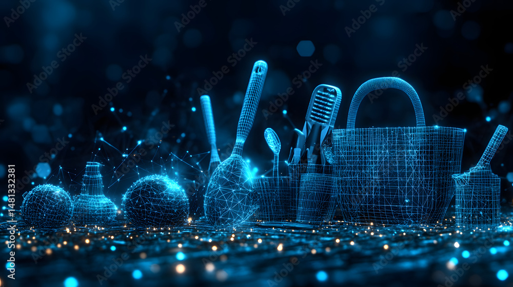Aufkleber Luminous blue wireframe objects glow against a dark backdrop, creating a futuristic and ethereal scene. Spheres, vase, spoon, spatula, microphone, and watering can. Abstract wireframe in dark blue.