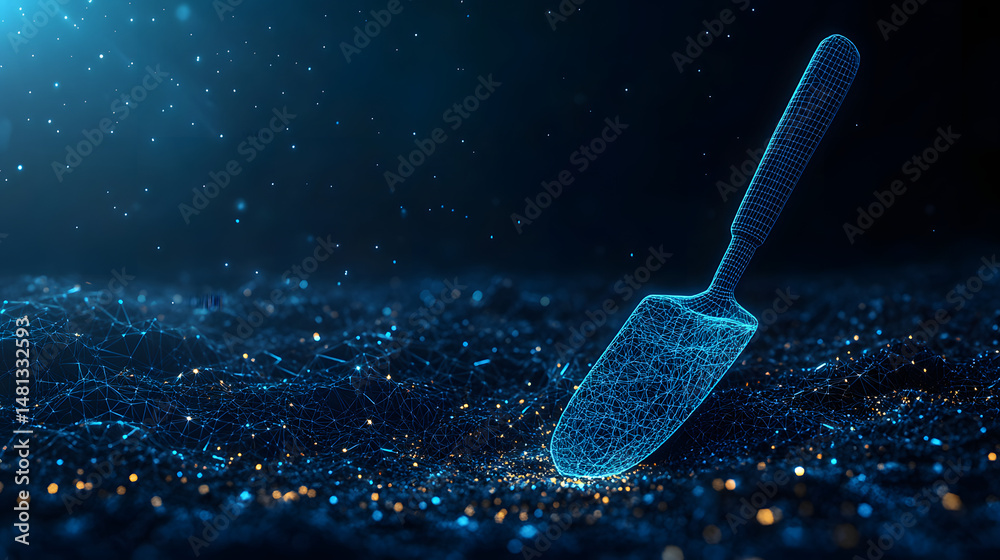 Aufkleber futuristic digital art featuring a glowing wireframe trowel on a textured, interconnected surface. b
