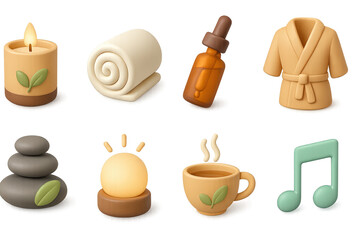 Spa and relaxation 3d icons set – wellness, calming, soothing symbols