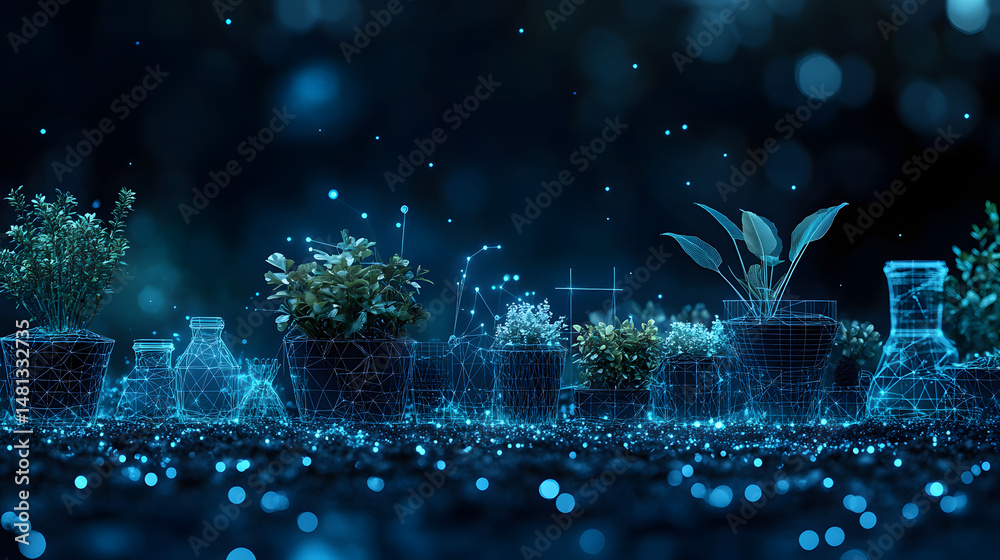Aufkleber stylized digital art showcases glowing blue wireframe plants and glass jars. bokeh lights enhance de
