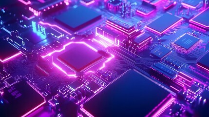 Futuristic glowing microchip motherboard with pink and blue accents and intricate circuitry