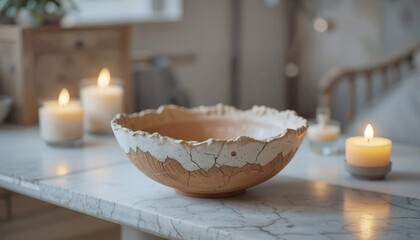 A handmade pottery bowl with raw edges rests on a sleek modern table, softly lit by ambient candlelight.