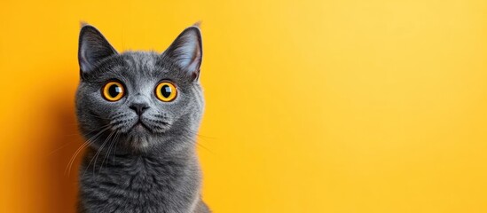 Curious Gray Cat Against Bright Yellow Background