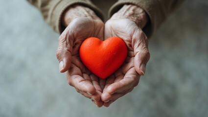 Elderly hands gently holding a red heart.