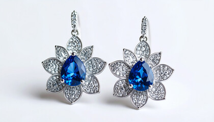 Stunning silver earrings featuring large blue gemstones, designed in a floral pattern with intricate detailing, perfect for elegant occasions