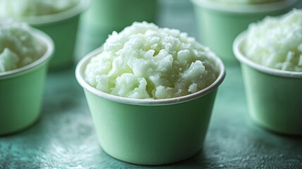 Centered iced coconut cup over smooth green-white design, featuring modern lines and organic summer shapes