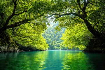 Lush green trees arching over a tranquil waterway
