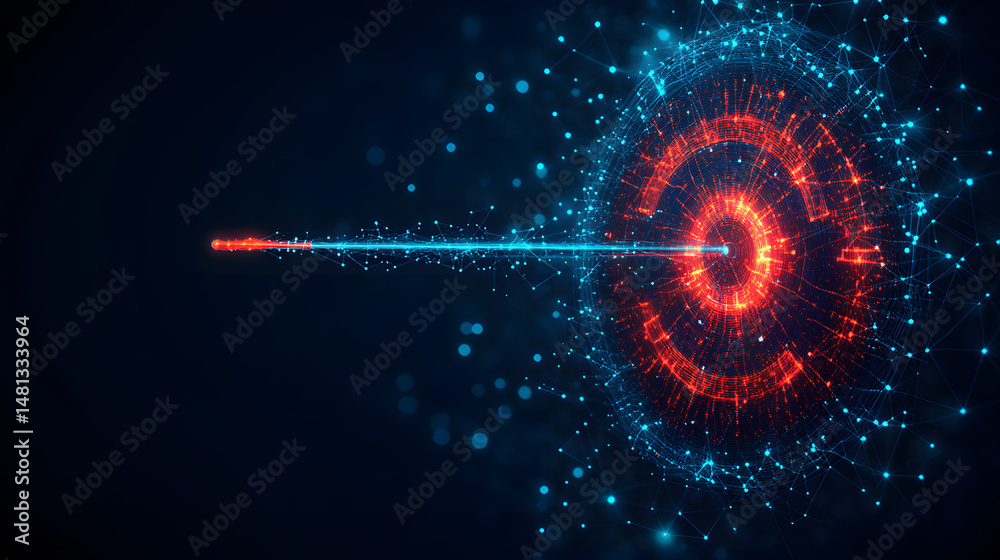Poster Dynamic abstract composition featuring luminous red to blue energy flow, converging into a network sphere on a dark blue backdrop. Abstract wireframe in dark blue