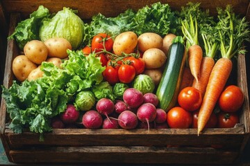Fresh assortment of vegetables in wooden crate including lettuce, potatoes, tomatoes, radishes, zucchini, carrots, and leafy greens