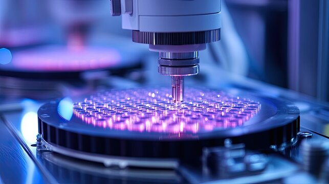 Close up of automated laboratory equipment with purple lighting and robotic arm precision work