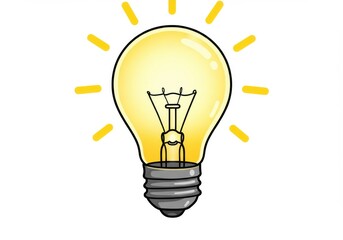Illustration of a glowing lightbulb with yellow rays around it isolated on white background
