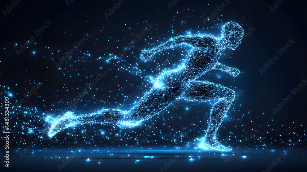 Fototapete Dynamic runner visualized as a glowing blue network of points and lines against a dark background. Evokes speed, energy, and futuristic technology. Abstract wireframe in dark blue.