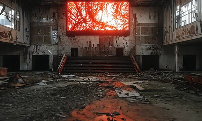 Desolate auditorium with fiery sunset projection. - Powered by Adobe