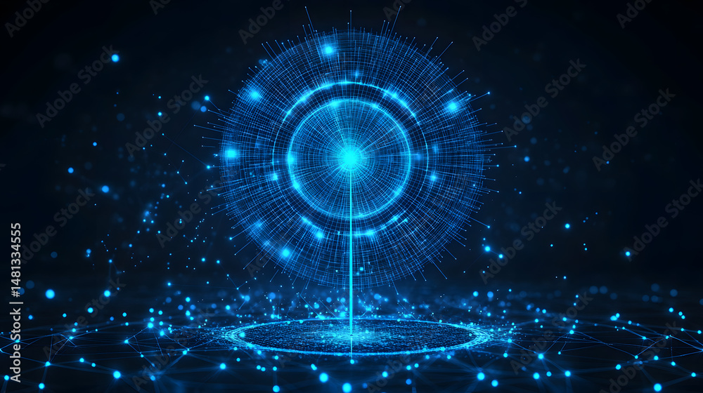 Poster Abstract network visualization featuring interconnected data points and a central luminous node. Perfect for tech concepts, big data, and futuristic designs. Abstract wireframe in dark blue.