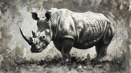 Majestic Rhinoceros in Monochromatic Abstract Landscape