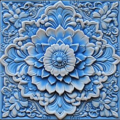 Intricate blue and white floral relief tile