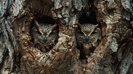 Two owls in a tree hollow