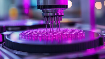 Close up of robotic arm over petri dishes filled with liquid under purple lighting in laboratory