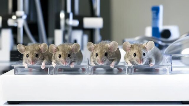 Group of four light brown laboratory mice inside transparent boxes placed on a sterile surface with lab instruments in the background. Concept of scientific testing and biomedical study