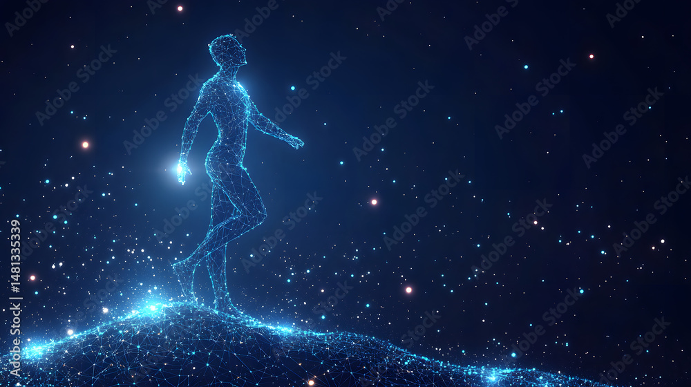 Poster A figure walks on a luminous digital plane, a wireframe avatar in a star-filled void. Represents futuristic technology, virtual reality, and digital existence. Abstract wireframe in dark blue.