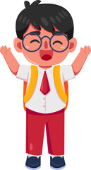 Joyful Schoolboy with Backpack, Raising Hands in Celebration