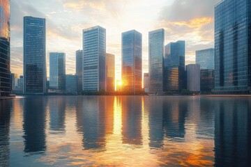 Fototapeta premium Sunset reflecting on tall modern glass skyscrapers by calm waterfront in a cityscape with partly cloudy sky