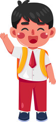 Joyful Schoolboy Waving, Red Pants, Yellow Backpack