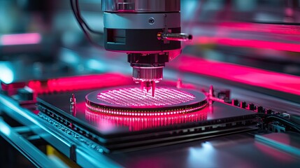 Close up of a semiconductor wafer being processed by a robotic arm under red and blue lighting
