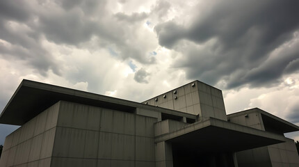 Fototapeta premium A futuristic brutalist art institute built in the 1980s, featuring massive cantilevered concrete blocks and angular overhangs. generative ai