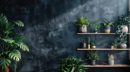 Dark wall with plants on shelves