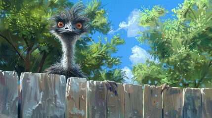 Ostrich peeking over fence, sunny day