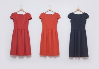 Three dresses on hangers isolated on white background