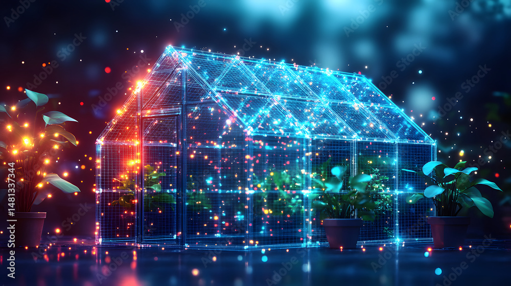 Aufkleber futuristic greenhouse with glowing plants. neon lights illuminate the scene creating a high-tech, et