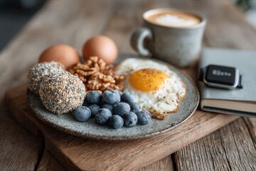 Flat lay of a high-protein biohacker breakfast with supplements, smartwatch, and morning journal arranged neatly on a rustic wooden table.