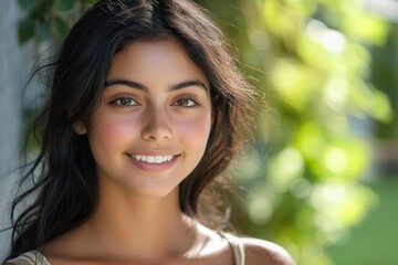 Fototapeta premium Smiling young woman with long dark hair standing outdoors with soft natural light and blurred green foliage background