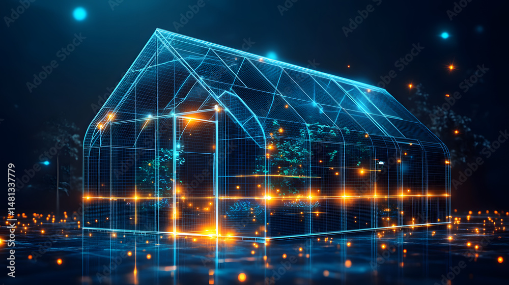 Poster futuristic greenhouse with glowing plants and reflective water. set against a dark background with d