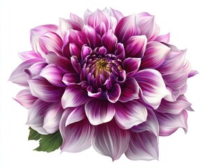 Obraz premium A vibrant, close-up image of a purple and white dahlia flower with green leaves isolated on a white background.