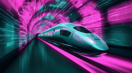 Fototapeta premium Futuristic High-Speed Train in Neon Colors: Digital Art Tunnel Showcasing Cyberpunk Aesthetics and Urban Transport Innovation with Motion Blur and Vibrant Lighting
