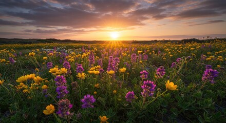 Obraz premium Sunset over a vibrant flower field