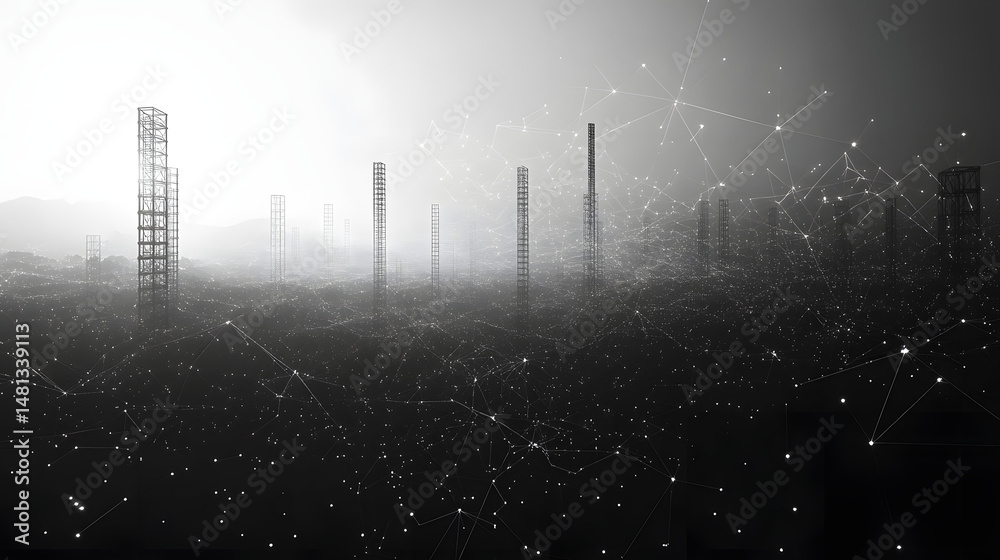 Aufkleber Futuristic landscape with grid towers and a digital web overlay, set against a misty backdrop. Evokes a dreamlike, high-tech atmosphere. Abstract wireframe in dark blue.