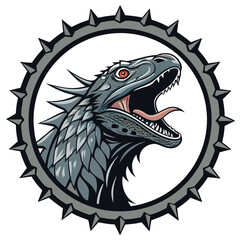 A fearsome Komodo dragon, mouth agape in a ferocious roar, confined within a circular enclosure featuring sharp, menacing spikes.