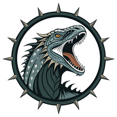 A majestic Komodo dragon, mouth agape in a ferocious roar, confined within a large, spiked circular enclosure.  The dragon's scales are highly detailed.