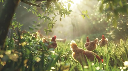 Hens foraging in a sunlit garden. Lush greenery surrounds a group of brown and reddish hens, bathed in morning sunlight filtering through trees