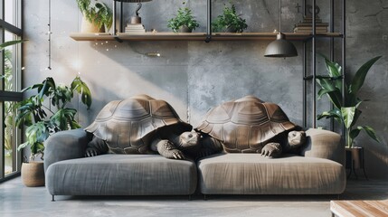 Turtles relaxing on modern couch