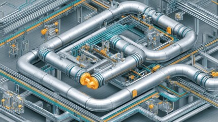 Industrial Piping System  Complex Network of Steel Pipes  Valves  and Pumps
