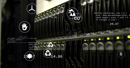 Row of blade servers showing LED lights while displaying code overlays and eco performance icons - Powered by Adobe