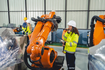 Industrial engineers collaborate in a high-tech factory environment, inspecting robotic machinery...