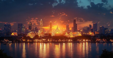 city skyline at sunset with illuminated traditional temple roofs reflecting on river water under dramatic sky